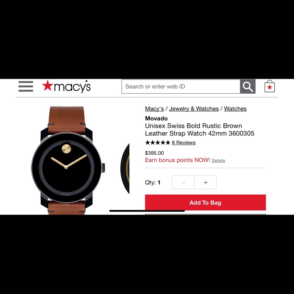 NEVER WORN Movado Leather Strap Watch